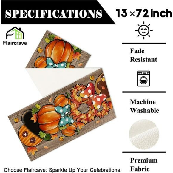 Fall Table Runner 13x72 Pumpkin Farmhouse Thanksgiving Autumn Kitchen Table Deco - Picture 3 of 6